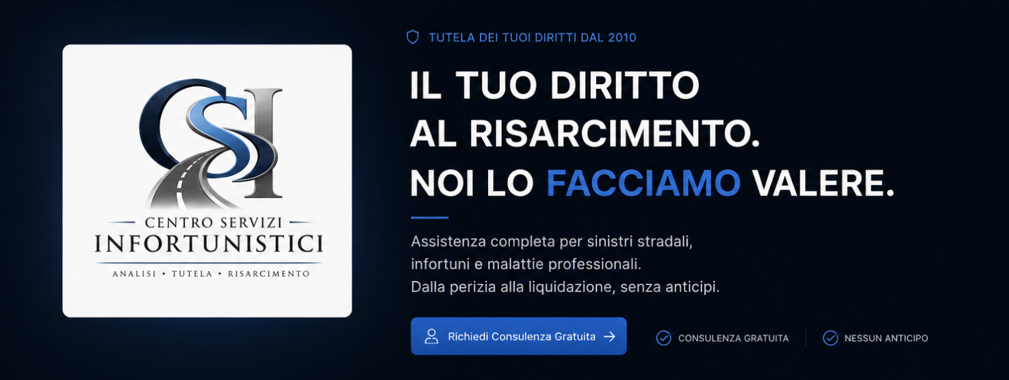 Il tuo diritto al risarcimento. Noi lo facciamo valere. Assistenza completa per sinistri stradali, infortuni e malattie professionali. Dalla perizia alla liquidazione, senza anticipi.